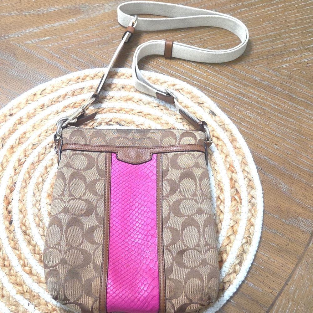 Authentic Coach Legacy Signature Stripe Swingpack Crossbody Bag Khaki Pink